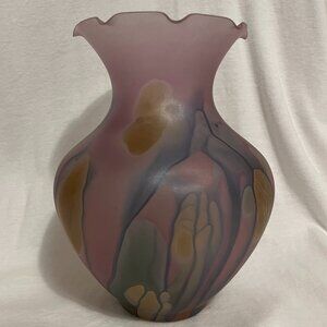 💥VINTAGE💥 Satin Art Glass Drip Hand Painted Scalloped Vase
